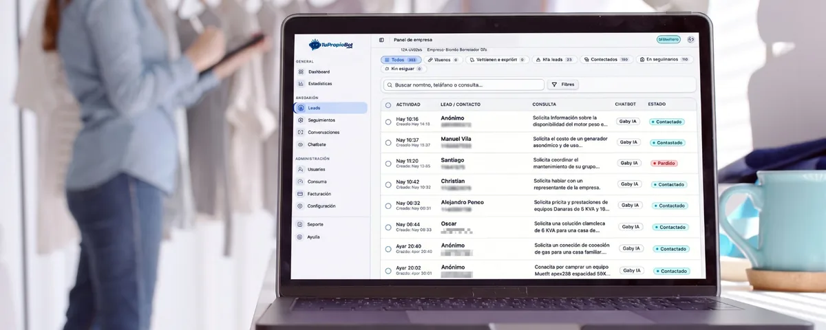 Panel de TuPropioBot mostrando el listado de leads capturados